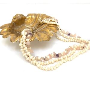 Triple Strand Freshwater Pearl and Stone  Necklace Vintage 1980’s